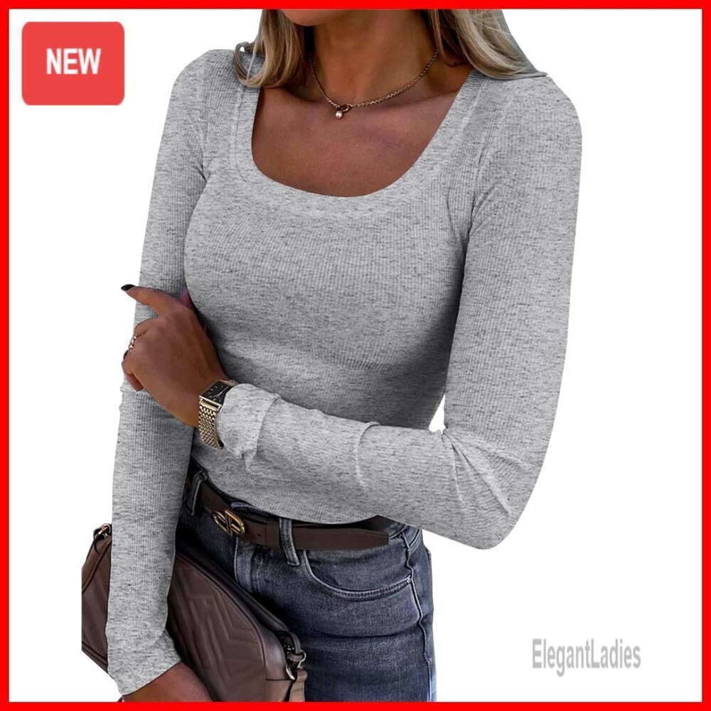 Long Sleeve Scoop Neck Ribbed Knit Slim Fit Tee